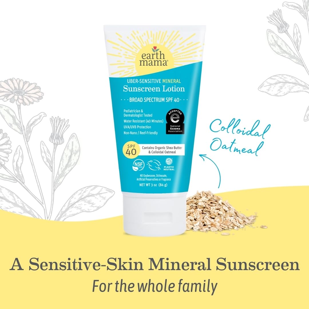 Earth Mama Uber-Sensitive Mineral Sunscreen Lotion SPF 40 | Non-Nano Zinc, Organic Oatmeal, 3oz 2-Pack