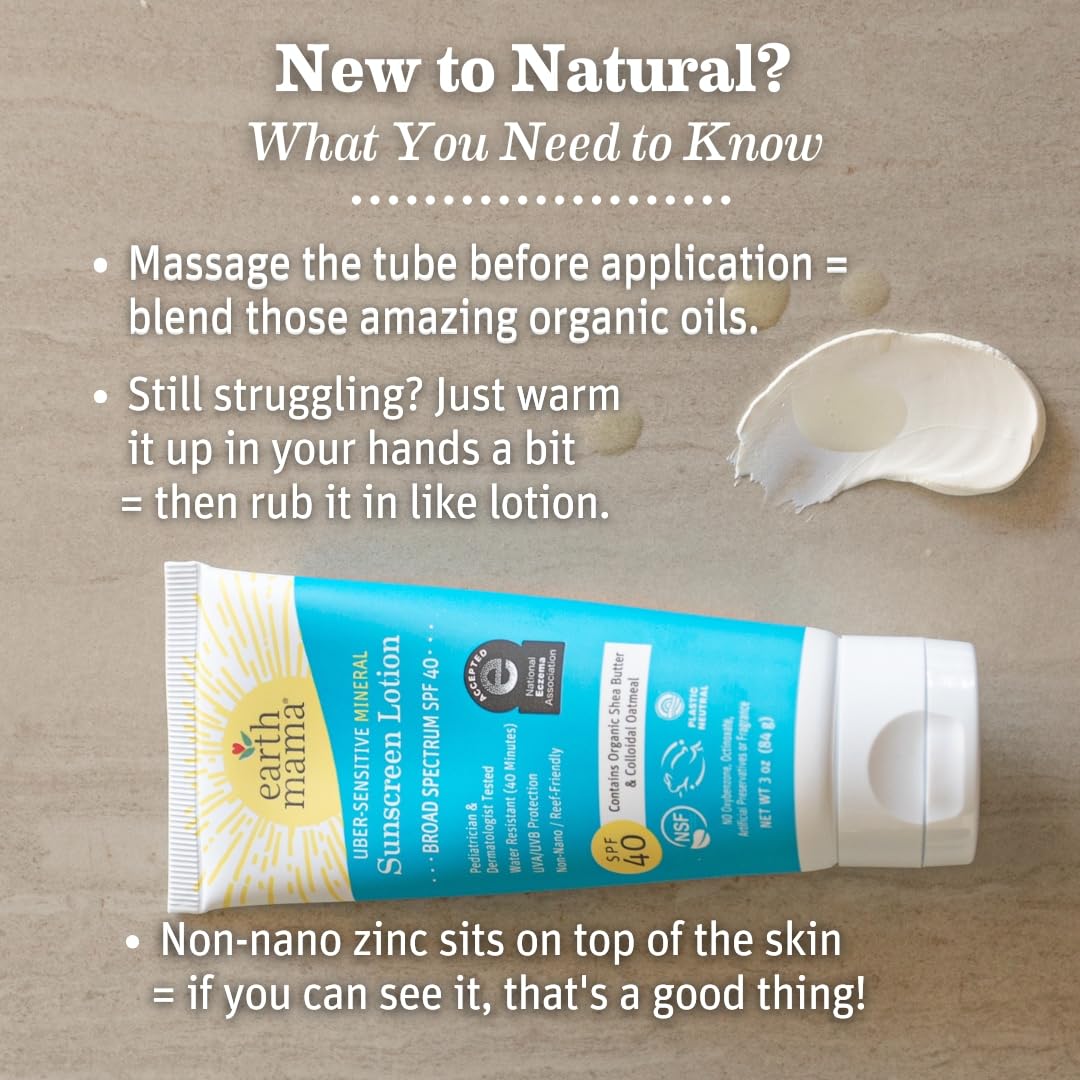 Earth Mama Uber-Sensitive Mineral Sunscreen Lotion SPF 40 - Non-Nano Zinc, Organic Colloidal Oatmeal, 3-Ounce