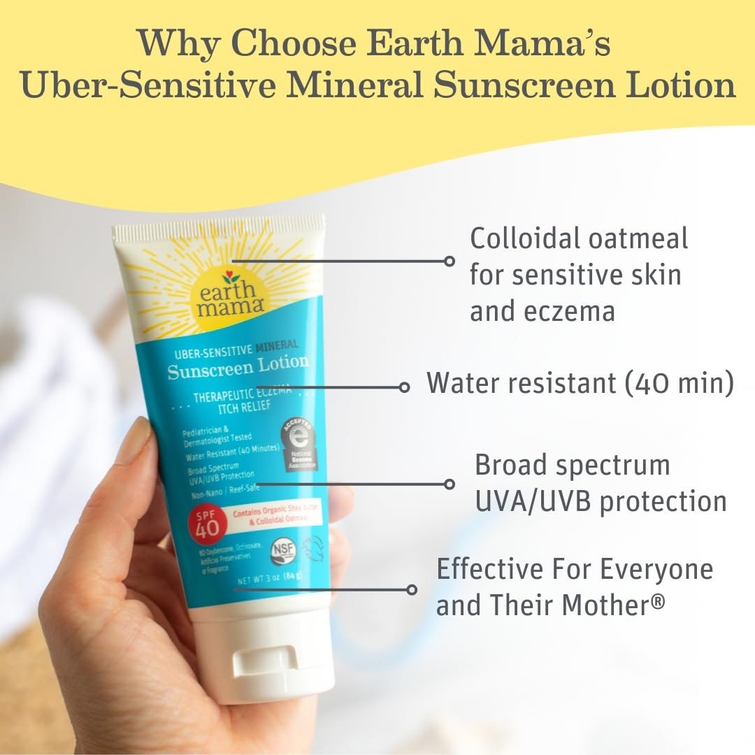 Earth Mama Uber-Sensitive Mineral Sunscreen Lotion SPF 40 - Non-Nano Zinc, Organic Colloidal Oatmeal, 3-Ounce