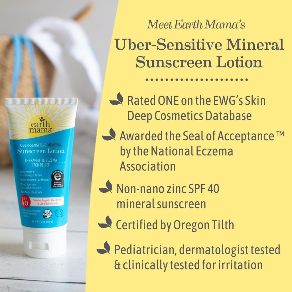 Earth Mama Uber-Sensitive Mineral Sunscreen Lotion SPF 40 - Non-Nano Zinc, Organic Colloidal Oatmeal, 3-Ounce