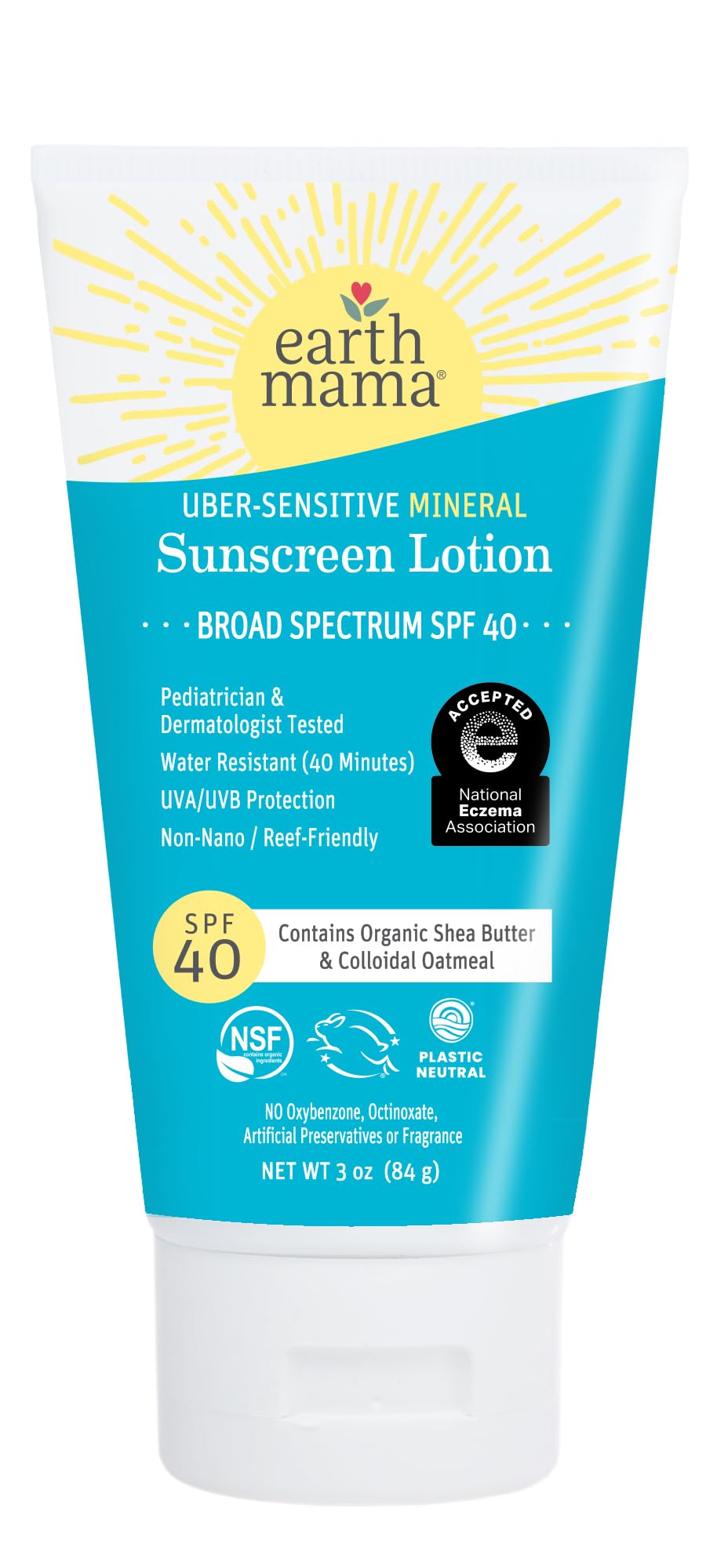 Earth Mama Uber-Sensitive Mineral Sunscreen Lotion SPF 40 - Non-Nano Zinc, Organic Colloidal Oatmeal, 3-Ounce