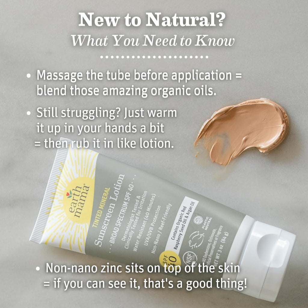 Earth Mama Tinted Mineral Sunscreen Lotion SPF 40 — 3 oz with Organic Argan & Red Raspberry Seed Oil