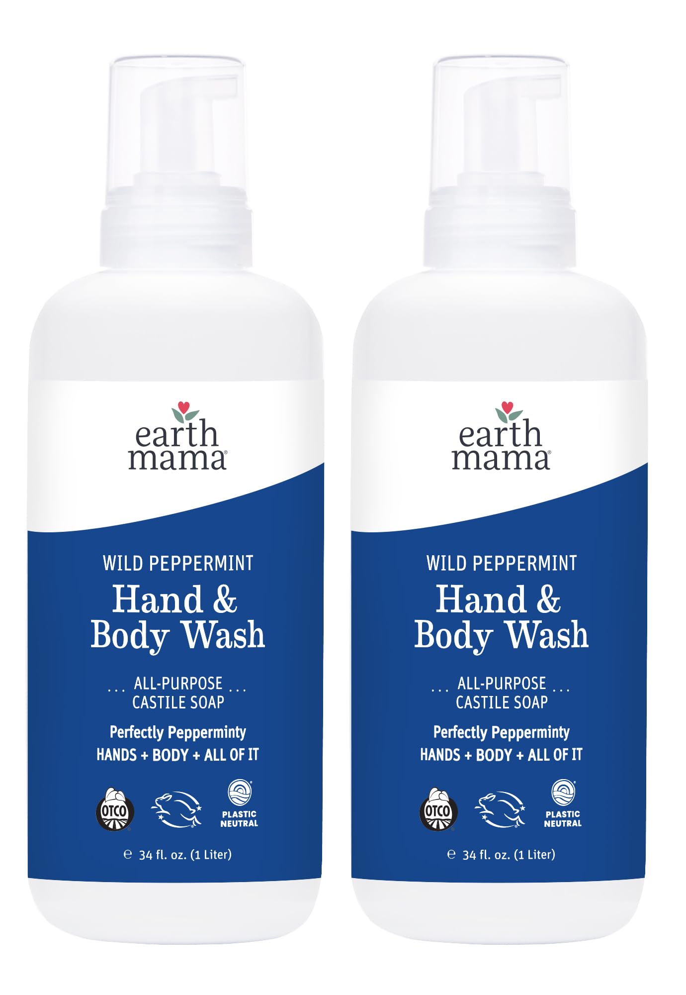 Earth Mama Wild Peppermint Hand & Body Wash — Foaming Castile Soap, Organic Peppermint & Coconut Oil, 34 oz (2-Pack)