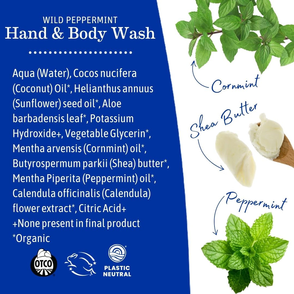 Earth Mama Wild Peppermint Hand & Body Wash — Foaming Castile Soap, Organic Peppermint & Coconut Oil, 34 oz (2-Pack)
