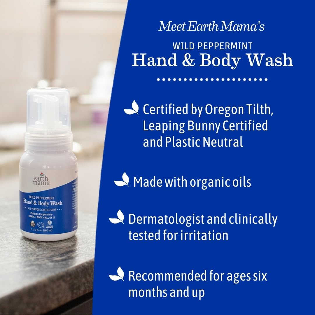 Earth Mama Wild Peppermint Hand & Body Wash — Foaming Castile Soap, Organic Peppermint & Coconut Oil, 34 oz (2-Pack)