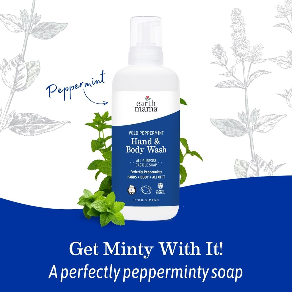 Earth Mama Wild Peppermint Hand & Body Wash — Foaming Castile Soap, Organic Peppermint & Coconut Oil, 34 oz (2-Pack)