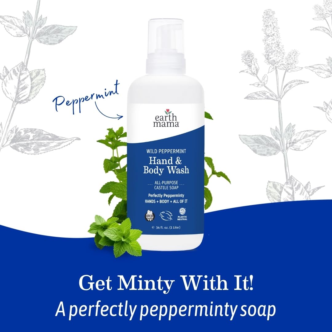 Earth Mama Wild Peppermint Hand & Body Wash — Foaming Castile Soap, Organic Peppermint & Coconut Oil, 34 oz (2-Pack)