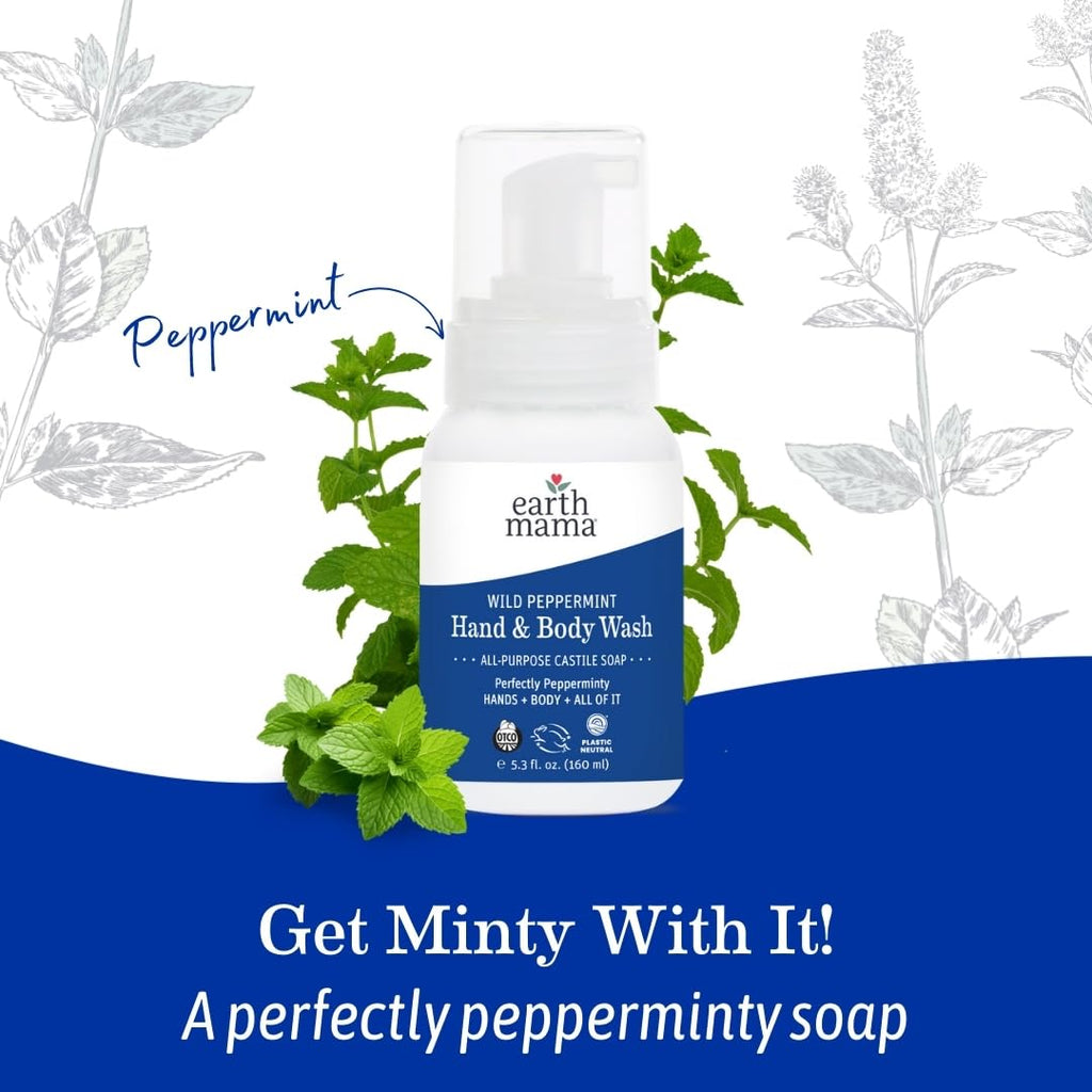 Earth Mama Wild Peppermint Hand & Body Wash | Foaming Castile Soap with Organic Mint, 5.3 oz