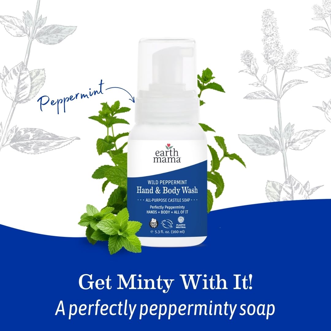 Earth Mama Wild Peppermint Hand & Body Wash | Foaming Castile Soap with Organic Mint, 5.3 oz