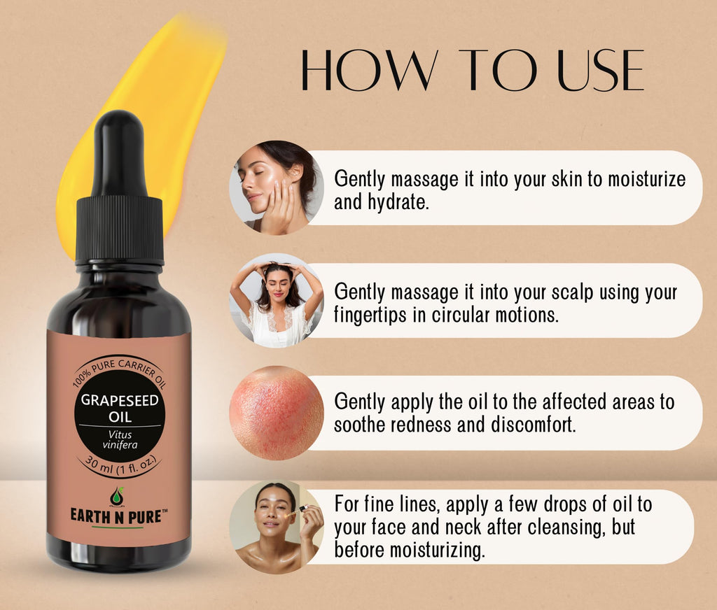 Earth N Pure Grapeseed Oil – Cold-Pressed, Therapeutic Grade, 30 ml