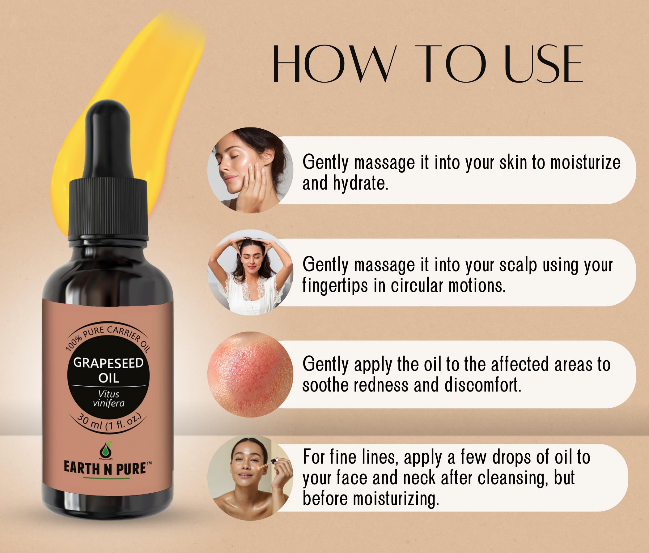 Earth N Pure Grapeseed Oil – Cold-Pressed, Therapeutic Grade, 30 ml