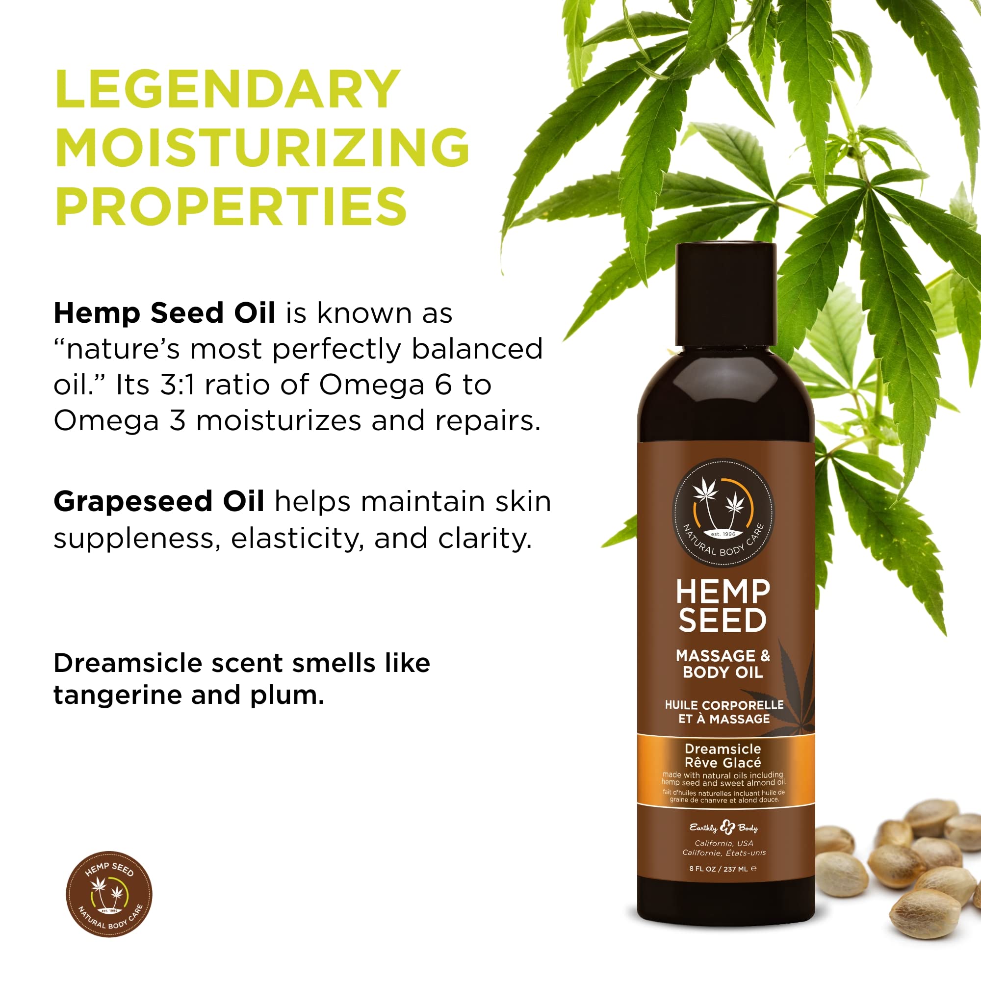 Earthly Body Hemp Seed Massage Oil – Dreamsicle Scent, 8 oz – Nourishing, Vegan & Cruelty-Free