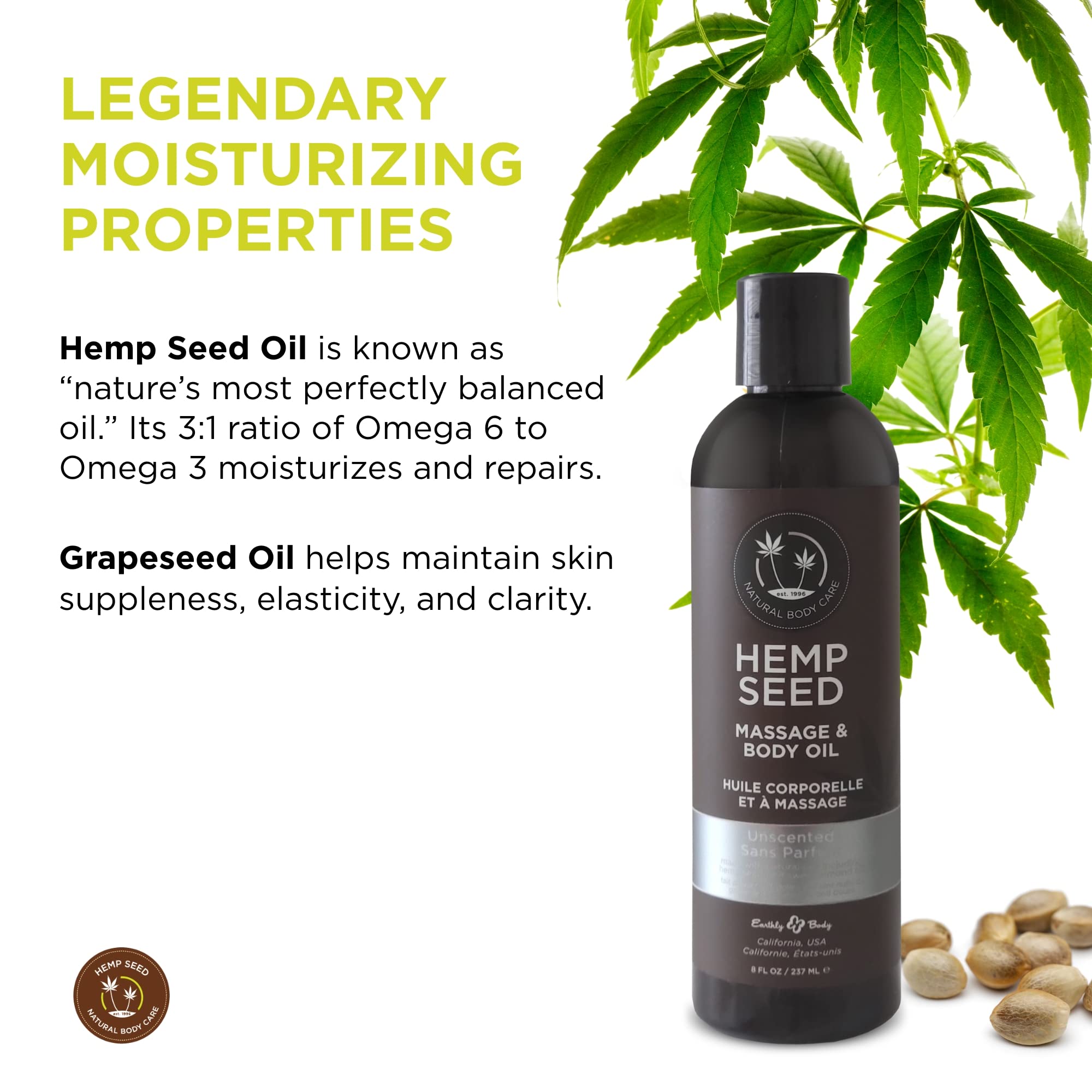 Earthly Body Hemp Seed Massage & Body Oil, Unscented – 8 oz