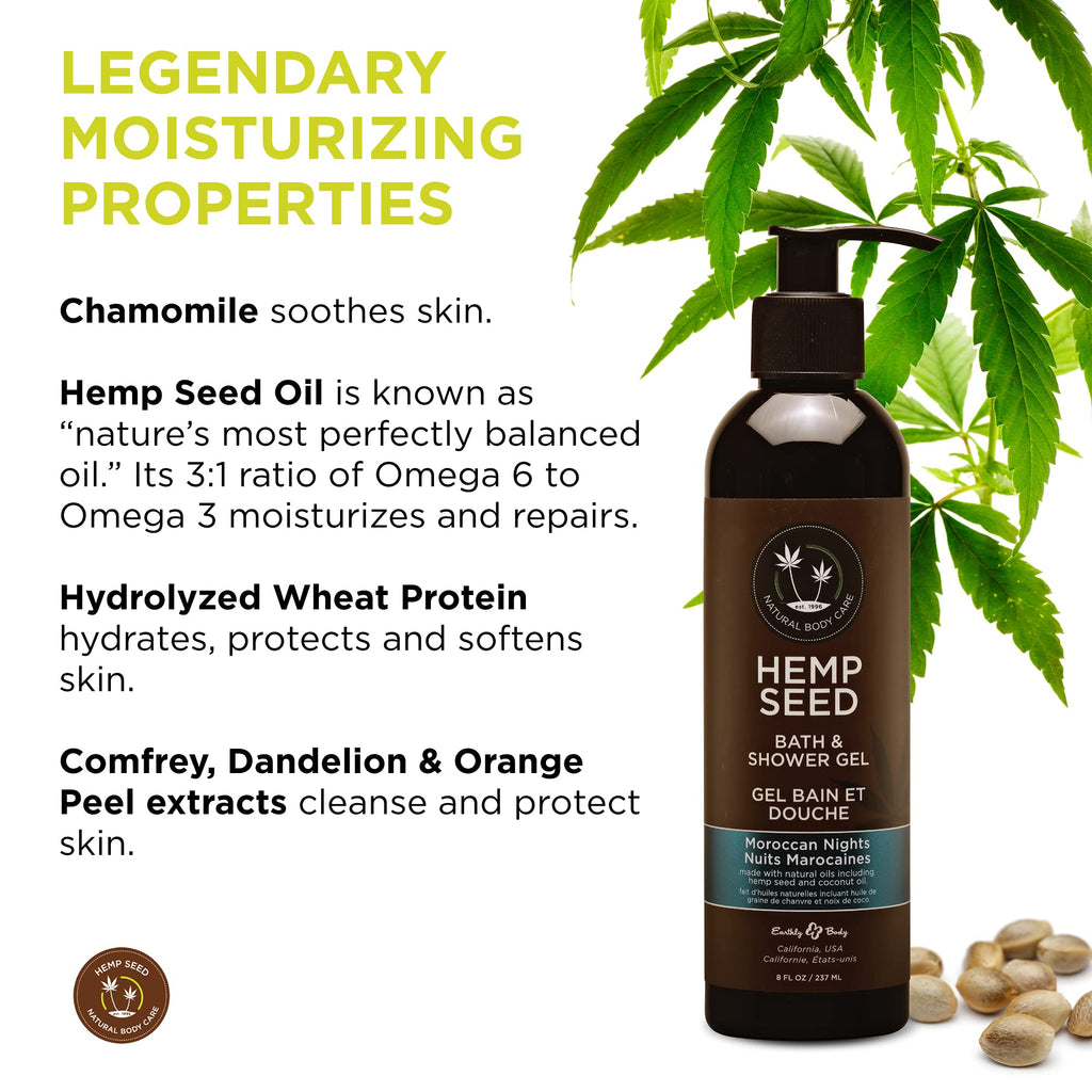 Earthly Body Hemp Seed Bath & Shower Gel – Moroccan Nights, 8 oz, Moisturizing with Hemp Seed Oil, Chamomile & Hydrolyzed Wheat Protein – Vegan, Cruelty-Free