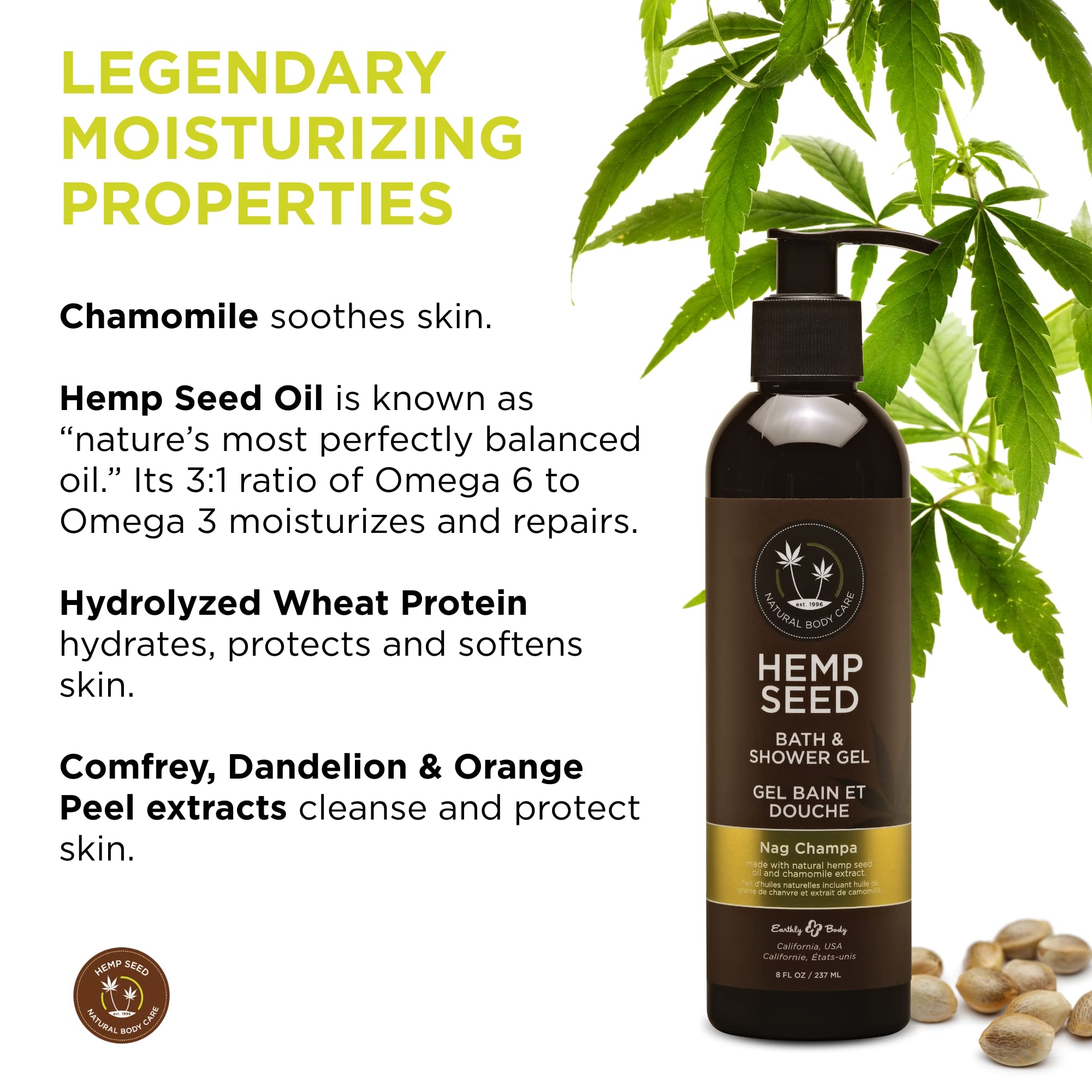 Earthly Body Hemp Seed Bath & Shower Gel – Nag Champa, 8 oz | Nourishing, Non-Greasy, Vegan