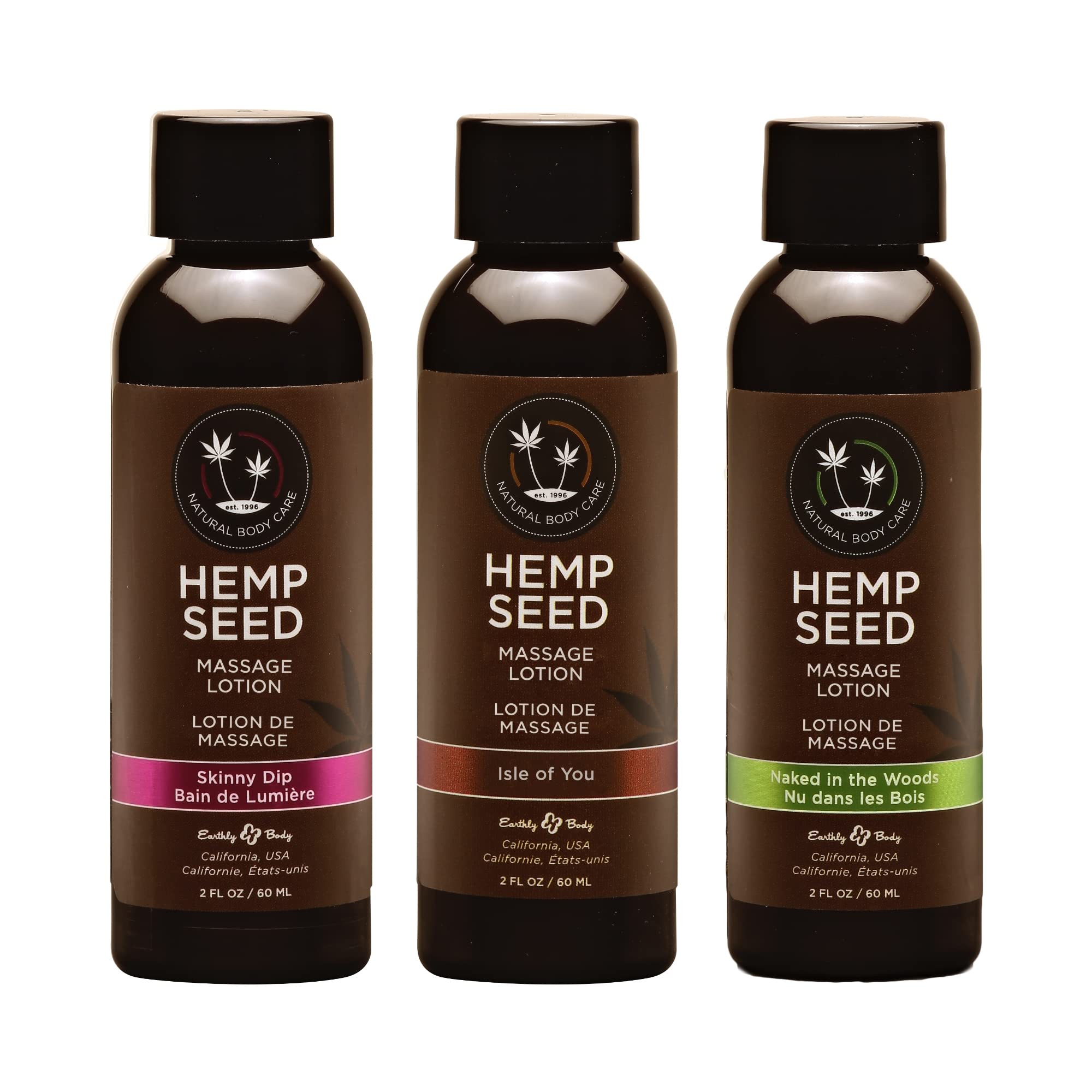 Earthly Body Hemp Seed Massage Lotion Gift Set – 2 oz Each (Isle of You, Skinny Dip, Naked in The Woods)