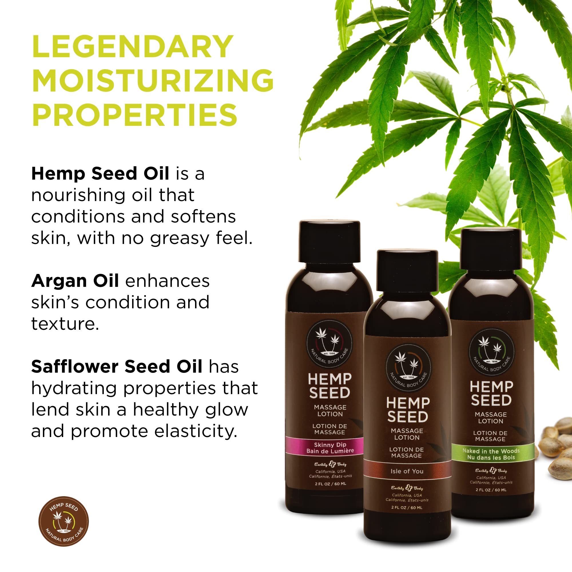 Earthly Body Hemp Seed Massage Lotion Gift Set – 2 oz Each (Isle of You, Skinny Dip, Naked in The Woods)