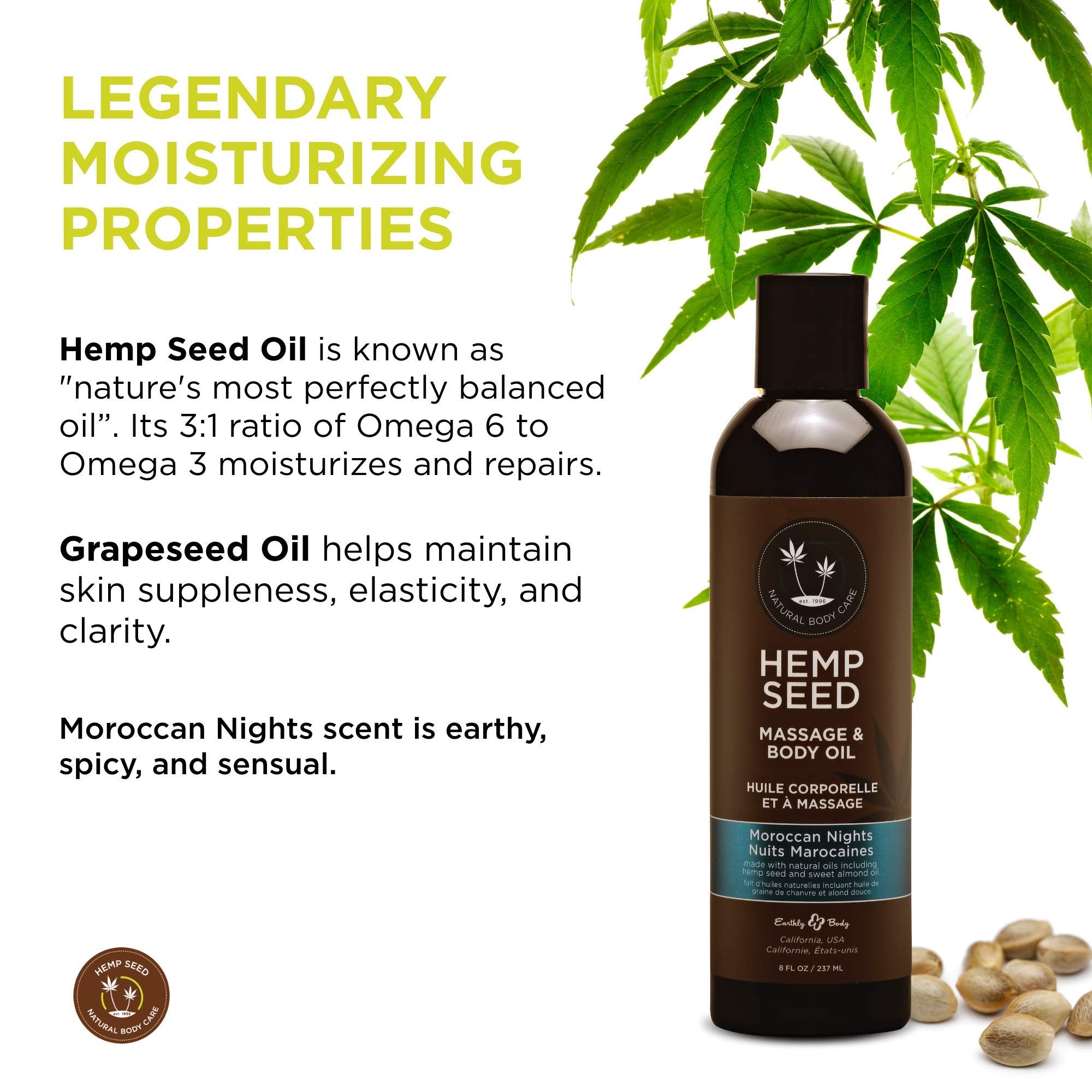 Earthly Body Hemp Seed Massage & Body Oil – Moroccan Nights, 8 oz