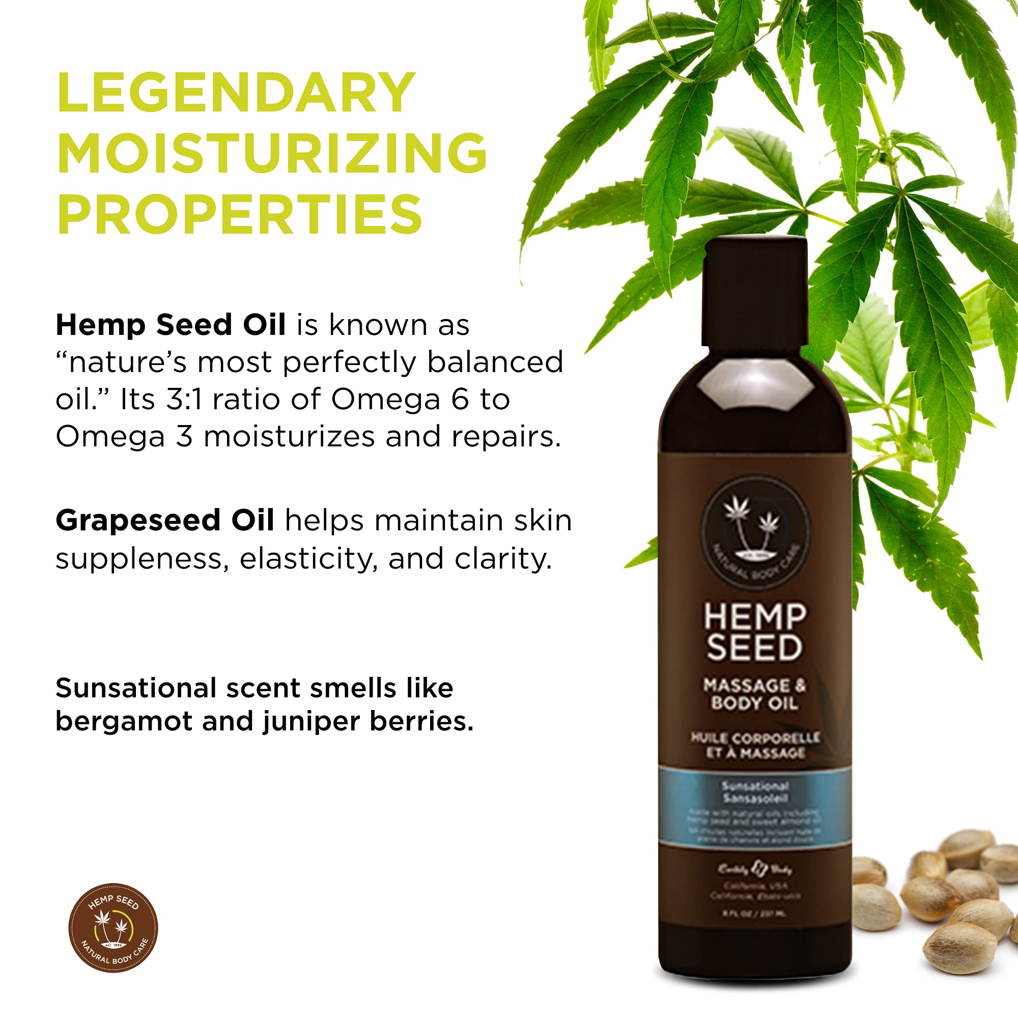 Earthly Body Hemp Seed Massage & Body Oil – Sunsational Scent, 8 fl oz