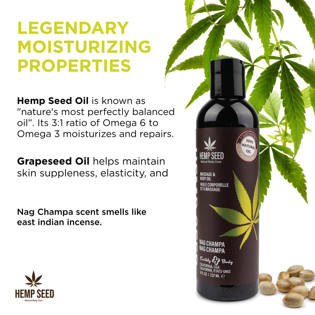 Earthly Body Hemp Seed Massage Oil - Nag Champa Scent, 8 oz | Vegan & Cruelty-Free