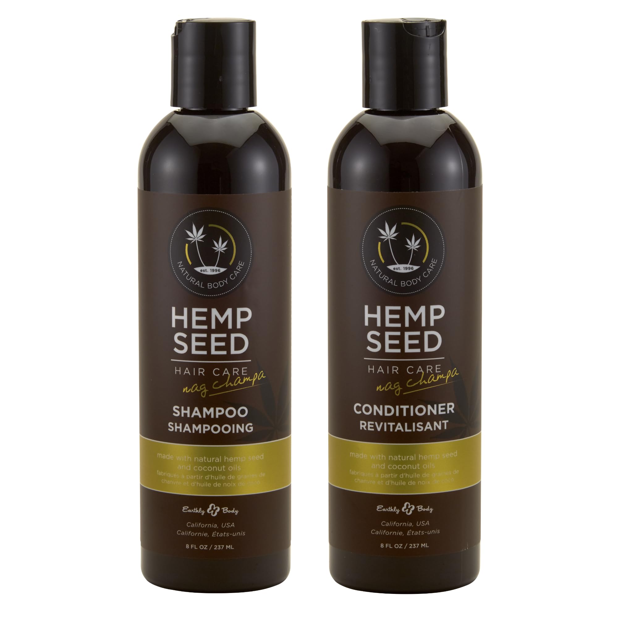 Earthly Body Hemp Seed Hair Care Shampoo + Conditioner – Nag Champa Scent, 8 oz Each – Vegan & Cruelty-Free