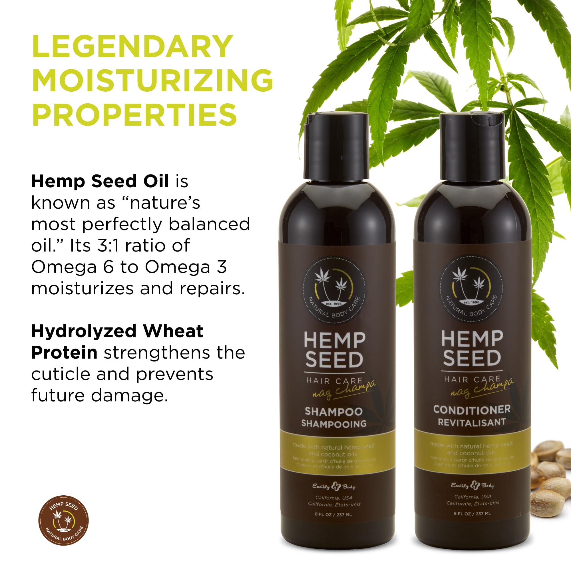 Earthly Body Hemp Seed Hair Care Shampoo + Conditioner – Nag Champa Scent, 8 oz Each – Vegan & Cruelty-Free