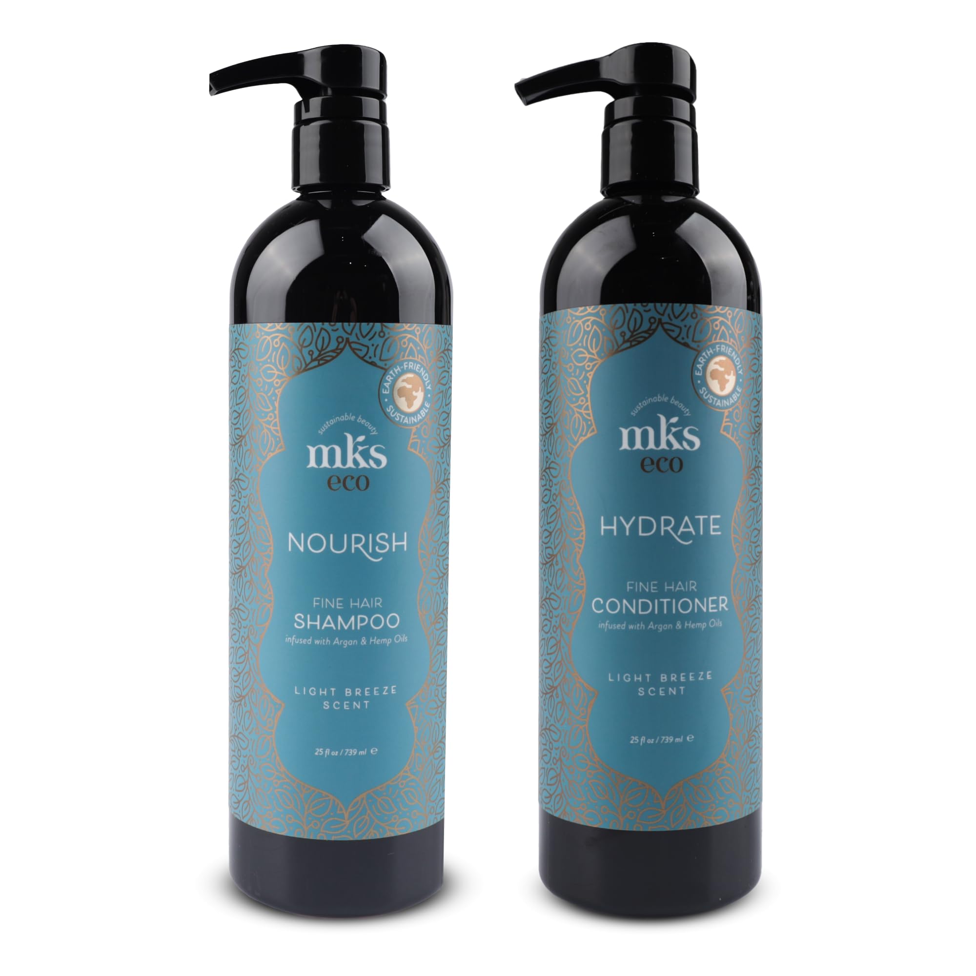 Earthly Body MKS eco Nourish Shampoo + Hydrate Conditioner for Fine Hair – Light Breeze (25 fl oz each)