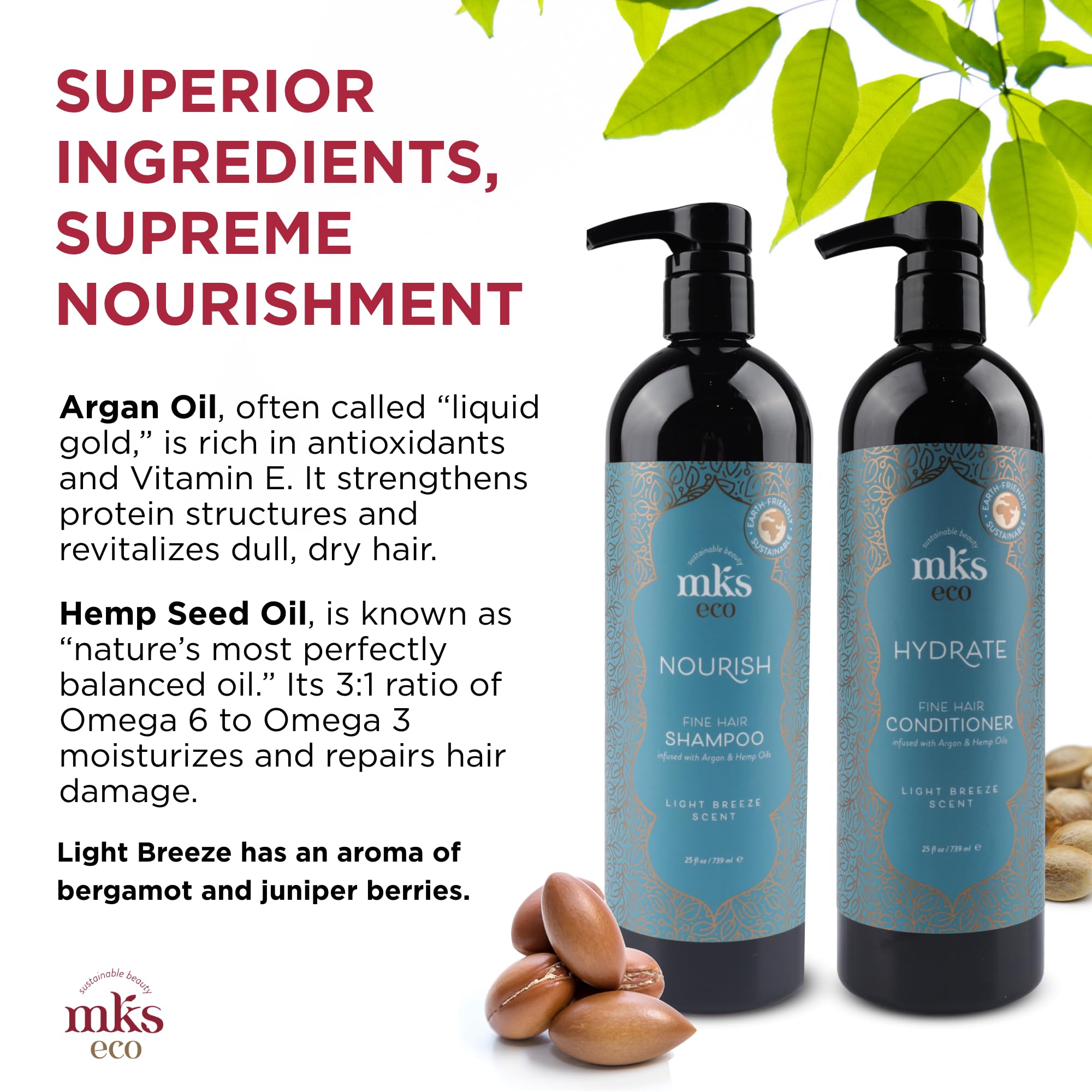 Earthly Body MKS eco Nourish Shampoo + Hydrate Conditioner for Fine Hair – Light Breeze (25 fl oz each)