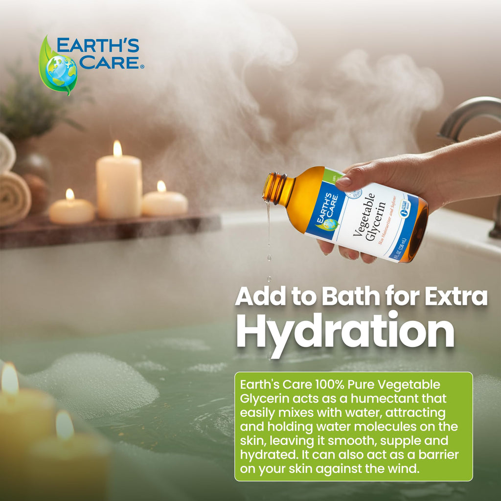 Earth's Care Vegetable Glycerin — 100% Pure Liquid Glycerine for Hair, Skin & DIY | 8 oz Glass Bottle