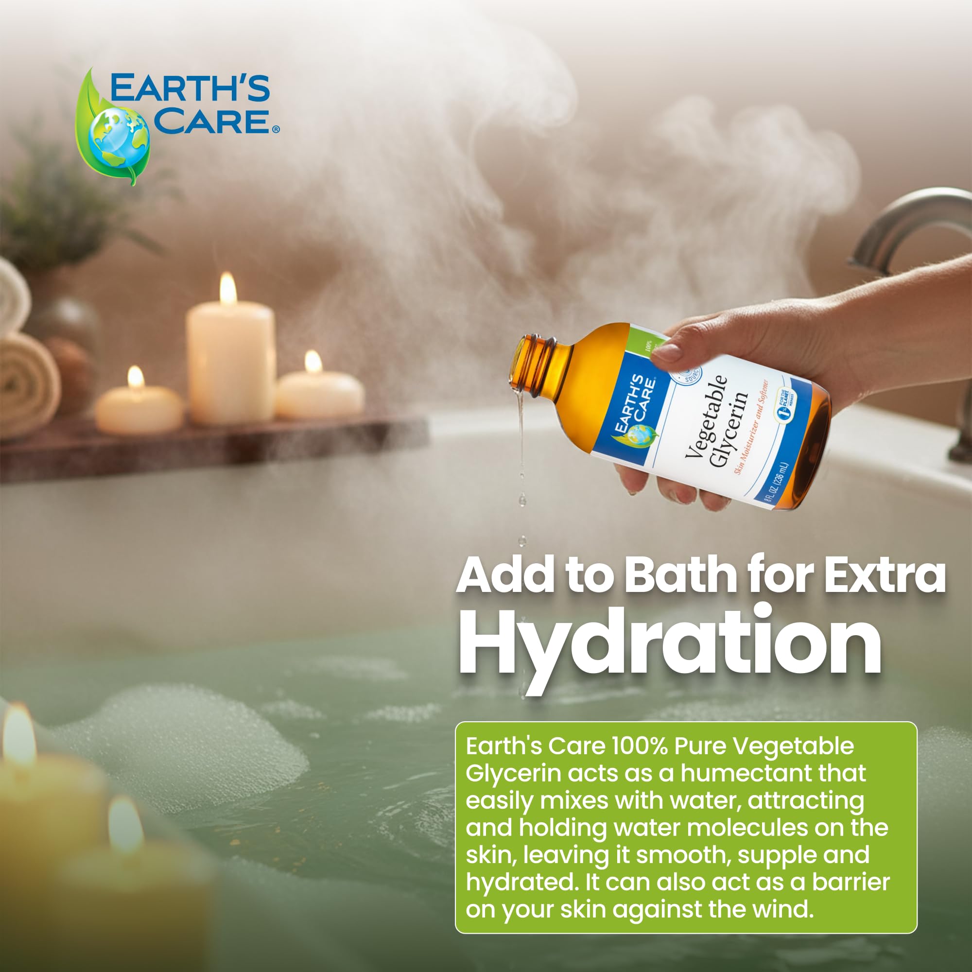Earth's Care Vegetable Glycerin — 100% Pure Liquid Glycerine for Hair, Skin & DIY | 8 oz Glass Bottle
