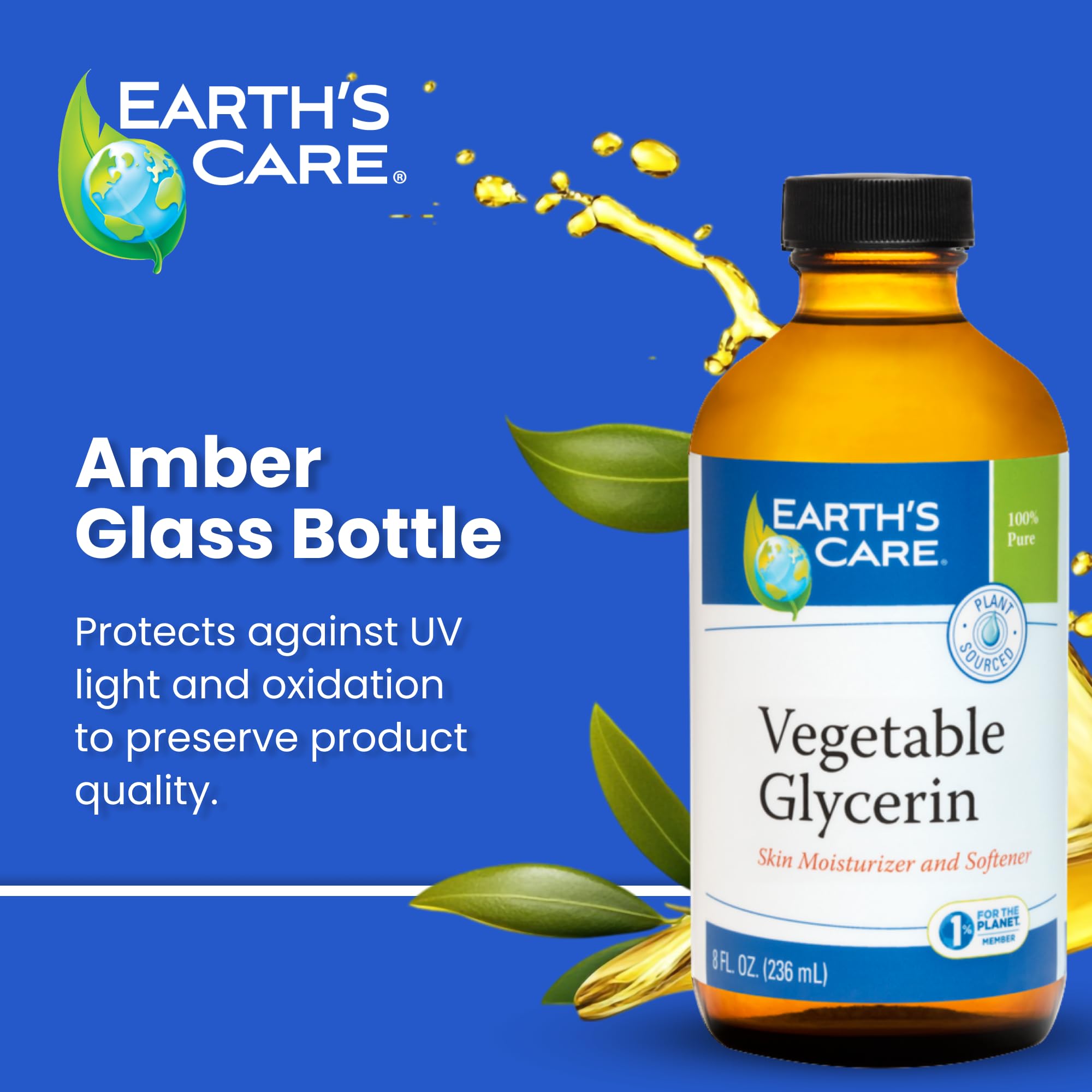 Earth's Care Vegetable Glycerin — 100% Pure Liquid Glycerine for Hair, Skin & DIY | 8 oz Glass Bottle