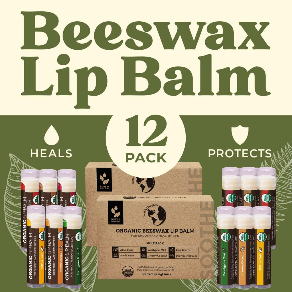 Earth's Daughter USDA Organic Lip Balm 12-Pack (2x6) – Fruit Flavors, Beeswax & Coconut Oil