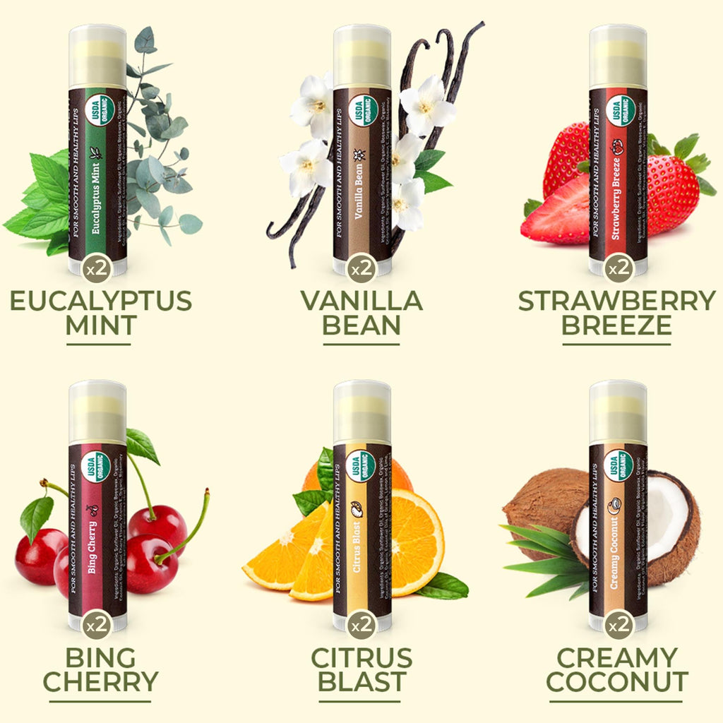 Earth's Daughter USDA Organic Lip Balm 12-Pack (2x6) – Fruit Flavors, Beeswax & Coconut Oil