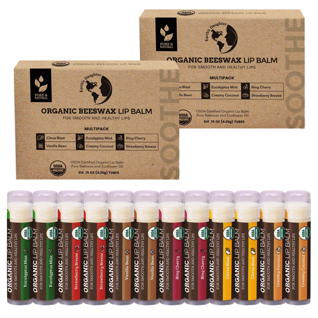 Earth's Daughter USDA Organic Lip Balm 12-Pack (2x6) – Fruit Flavors, Beeswax & Coconut Oil