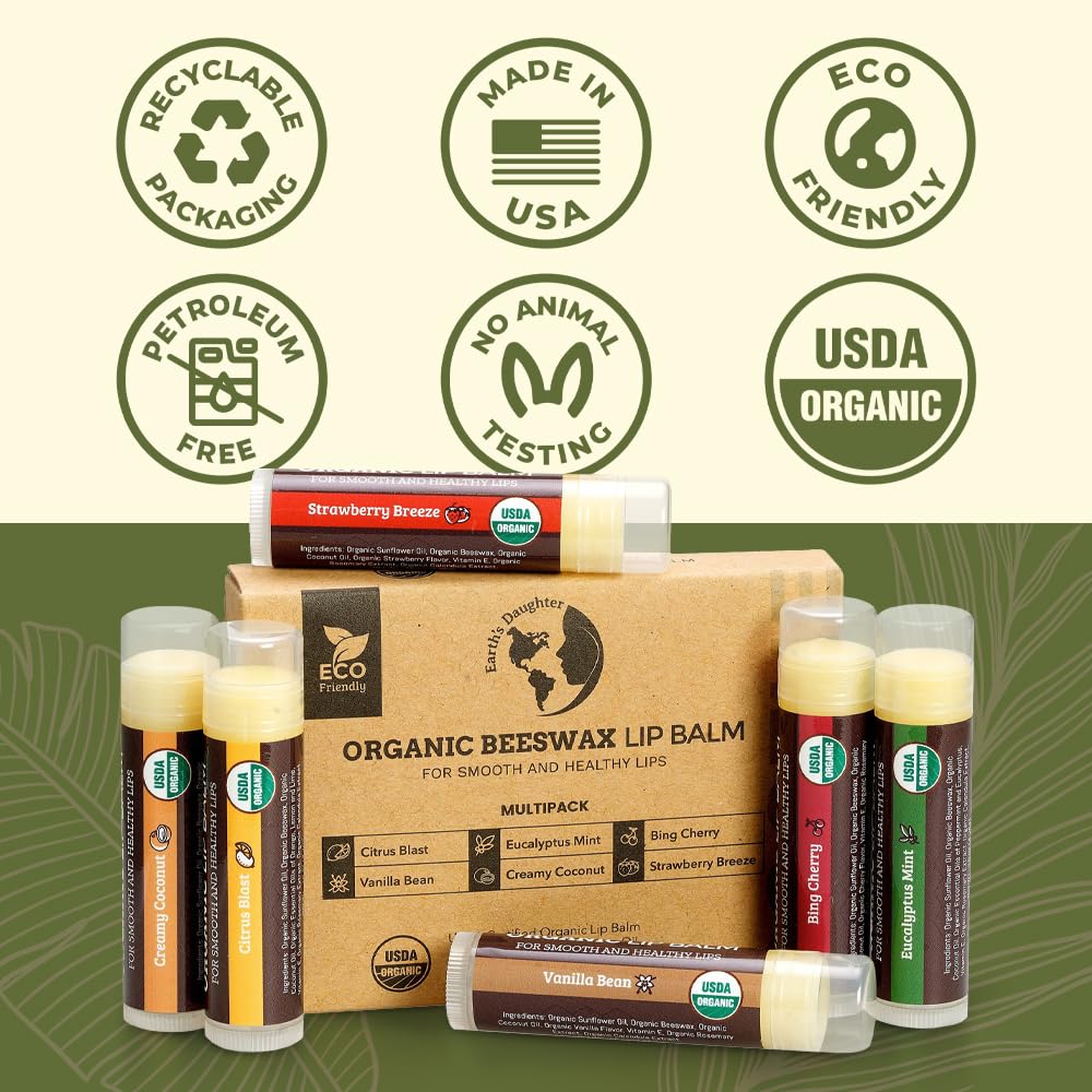 Earth's Daughter USDA Organic Lip Balm 12-Pack (2x6) – Fruit Flavors, Beeswax & Coconut Oil
