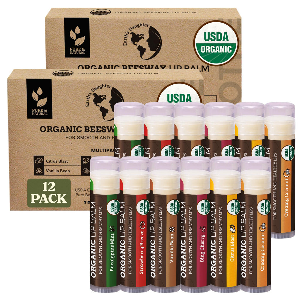 Earth's Daughter USDA Organic Lip Balm 12-Pack (2x6) – Fruit Flavors, Beeswax & Coconut Oil