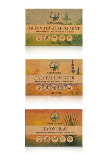 Earthy Essentials Organic Bar Soap Set – Oatmeal Lavender, Lemongrass & Green Tea Peppermint