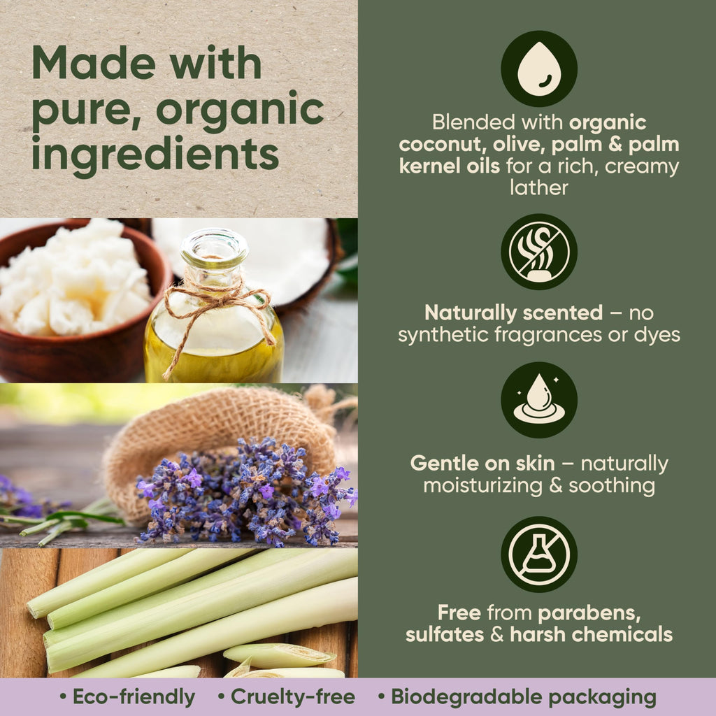 Earthy Essentials Organic Bar Soap Set – Oatmeal Lavender, Lemongrass & Green Tea Peppermint