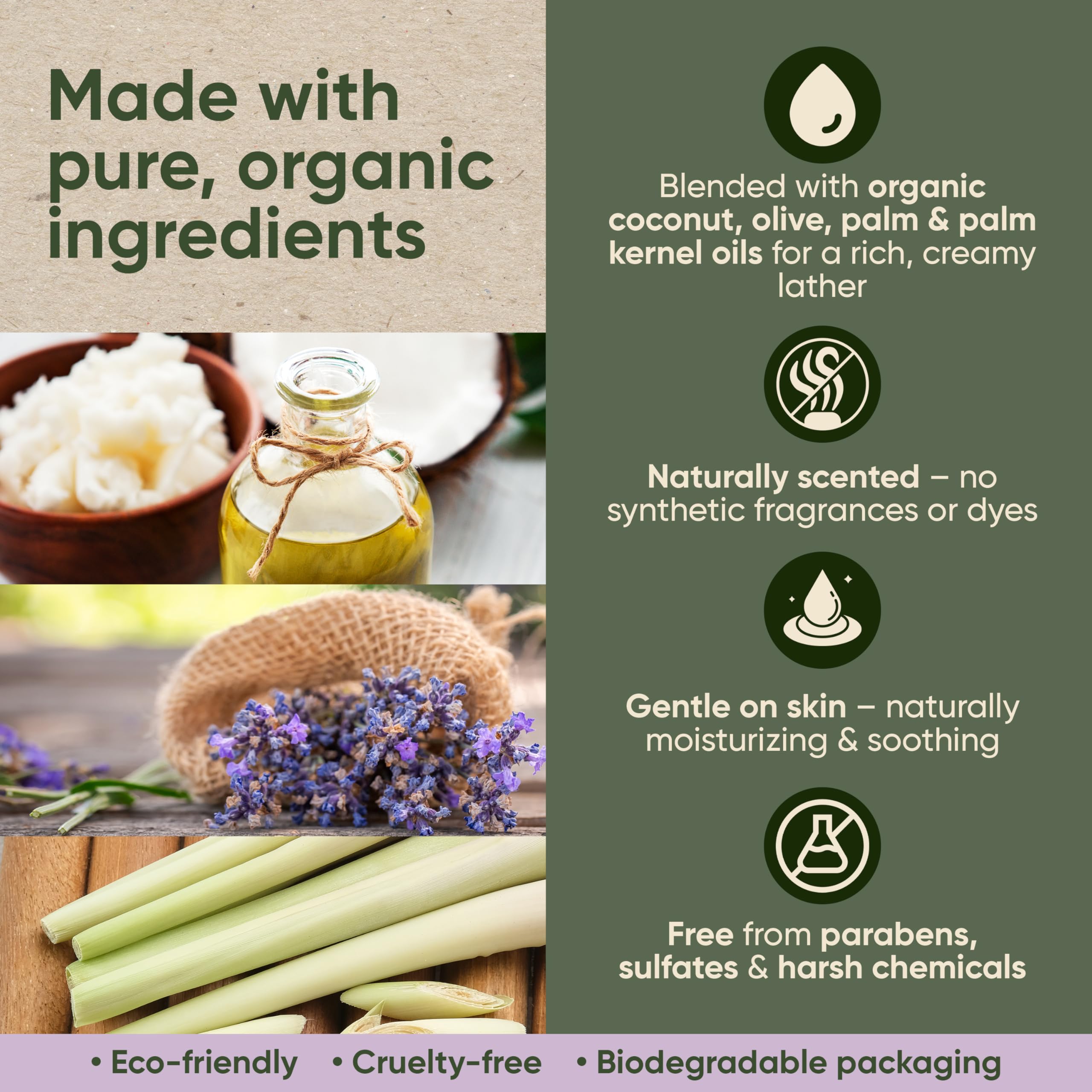 Earthy Essentials Organic Bar Soap Set – Oatmeal Lavender, Lemongrass & Green Tea Peppermint