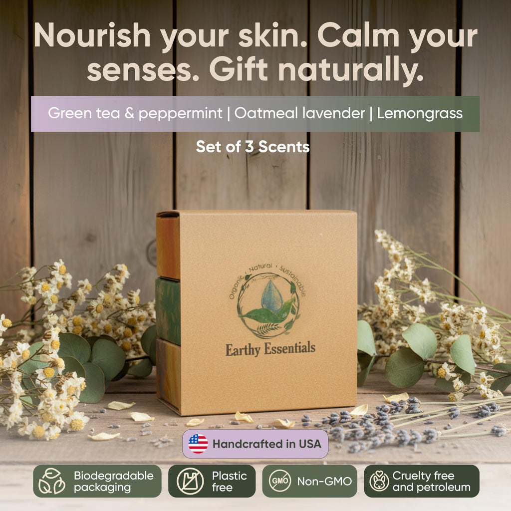 Earthy Essentials Organic Bar Soap Set – Oatmeal Lavender, Lemongrass & Green Tea Peppermint
