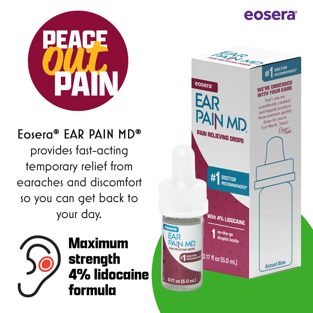 Eosera Ear Pain MD® 4% Lidocaine Ear Drops – Maximum Strength Earache Relief for Adults & Kids (5 mL) | Earwax MD