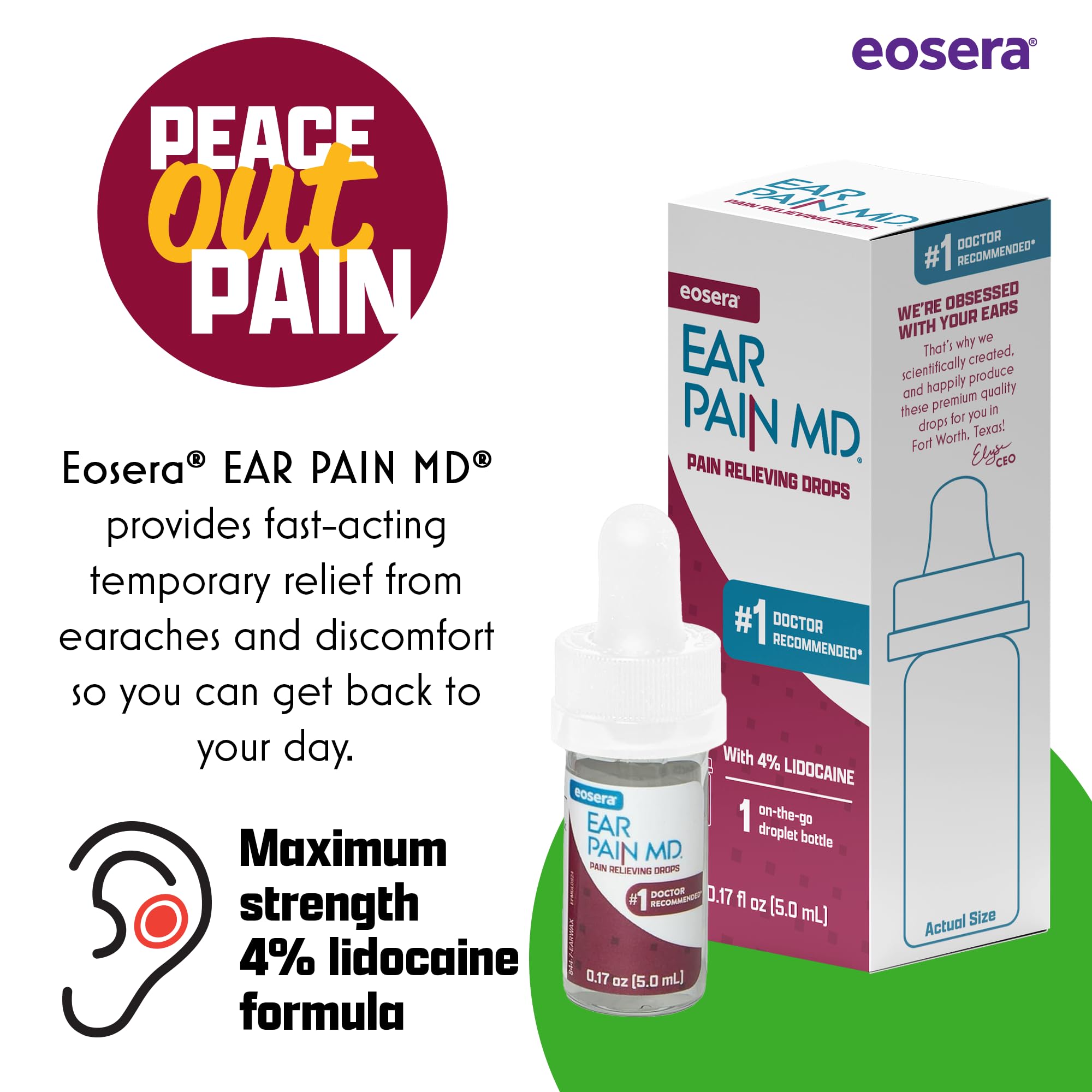 Eosera Ear Pain MD® 4% Lidocaine Ear Drops – Maximum Strength Earache Relief for Adults & Kids (5 mL) | Earwax MD