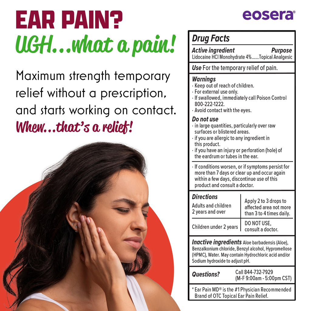 Eosera Ear Pain MD® 4% Lidocaine Ear Drops – Maximum Strength Earache Relief for Adults & Kids (5 mL) | Earwax MD