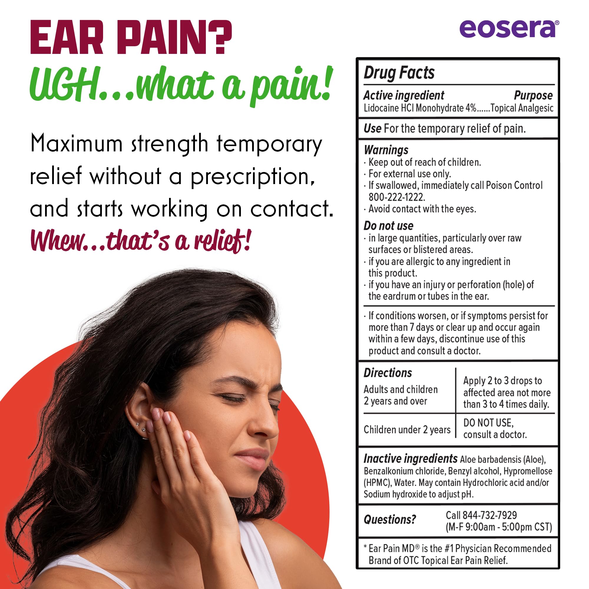 Eosera Ear Pain MD® 4% Lidocaine Ear Drops – Maximum Strength Earache Relief for Adults & Kids (5 mL) | Earwax MD