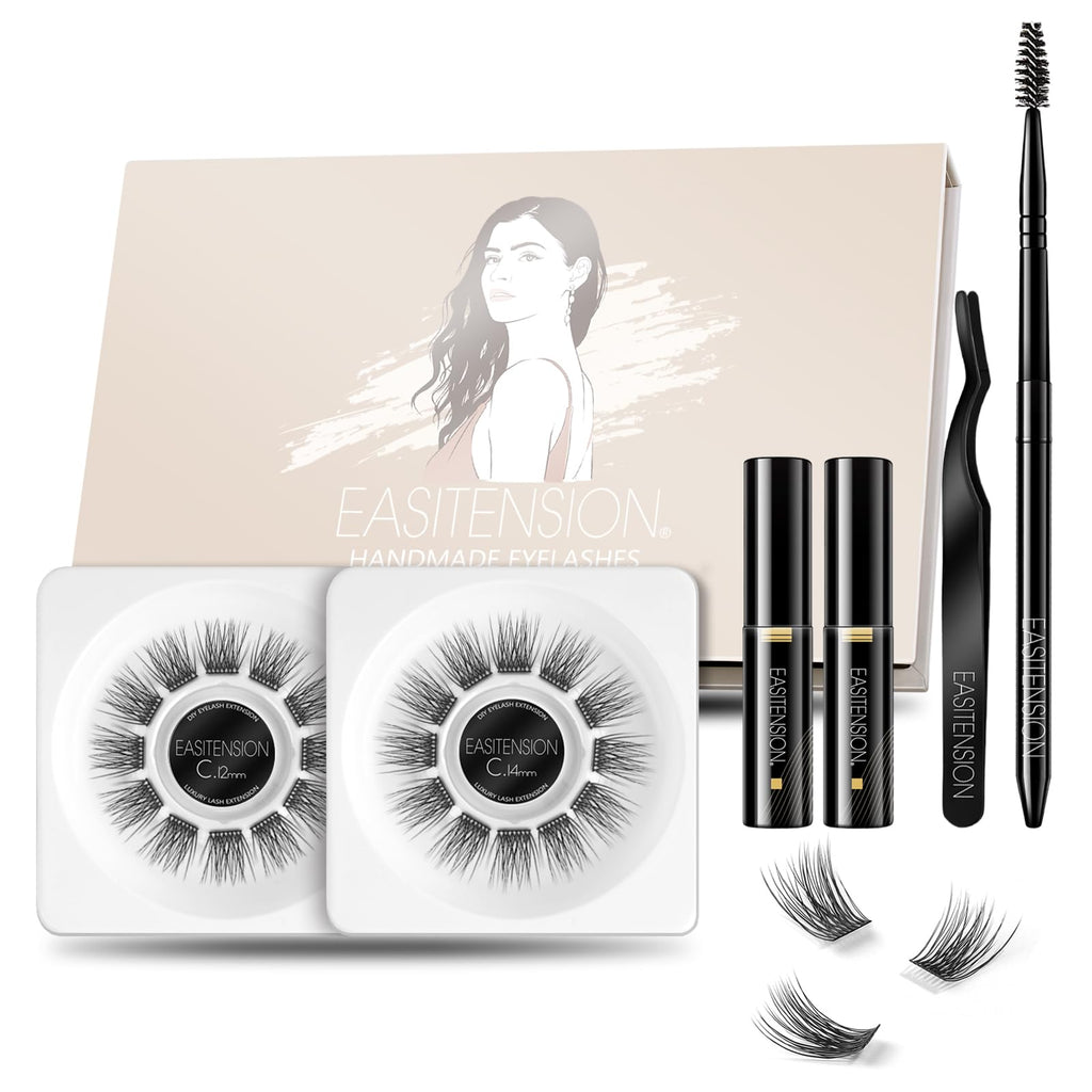 EASITENSION DIY Eyelash Extension Kit – 3D Cluster Lashes, 12mm & 14mm, Glue, Tweezers