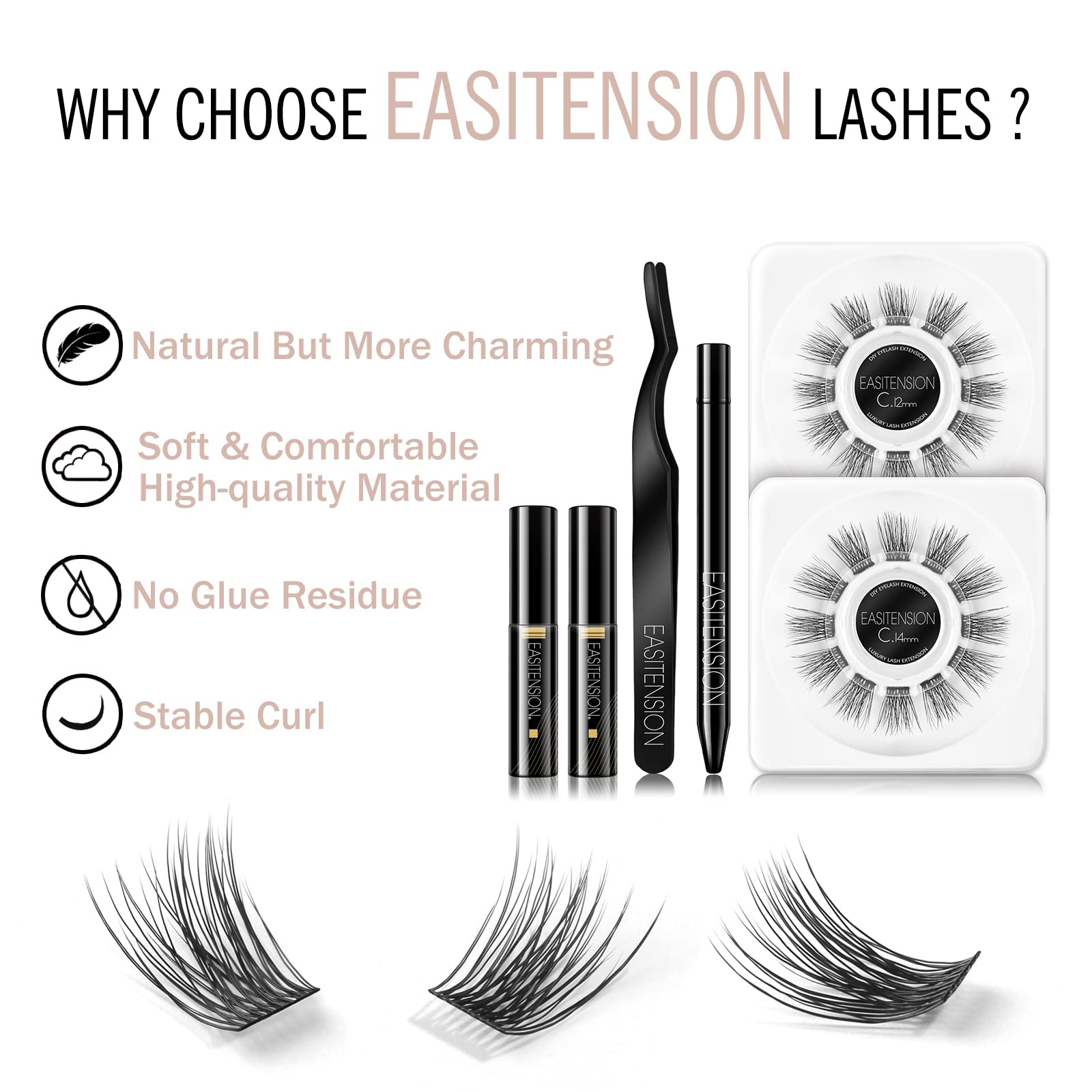 EASITENSION DIY Eyelash Extension Kit – 3D Cluster Lashes, 12mm & 14mm, Glue, Tweezers