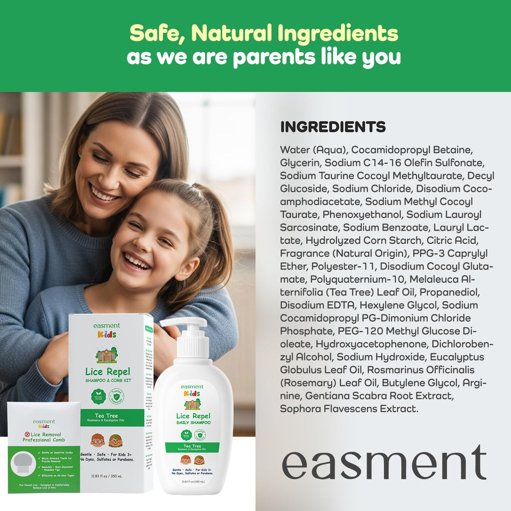 Easment Lice Shampoo & Comb Kit for Kids — Tea Tree & Rosemary Oils, Pump Bottle, 3+