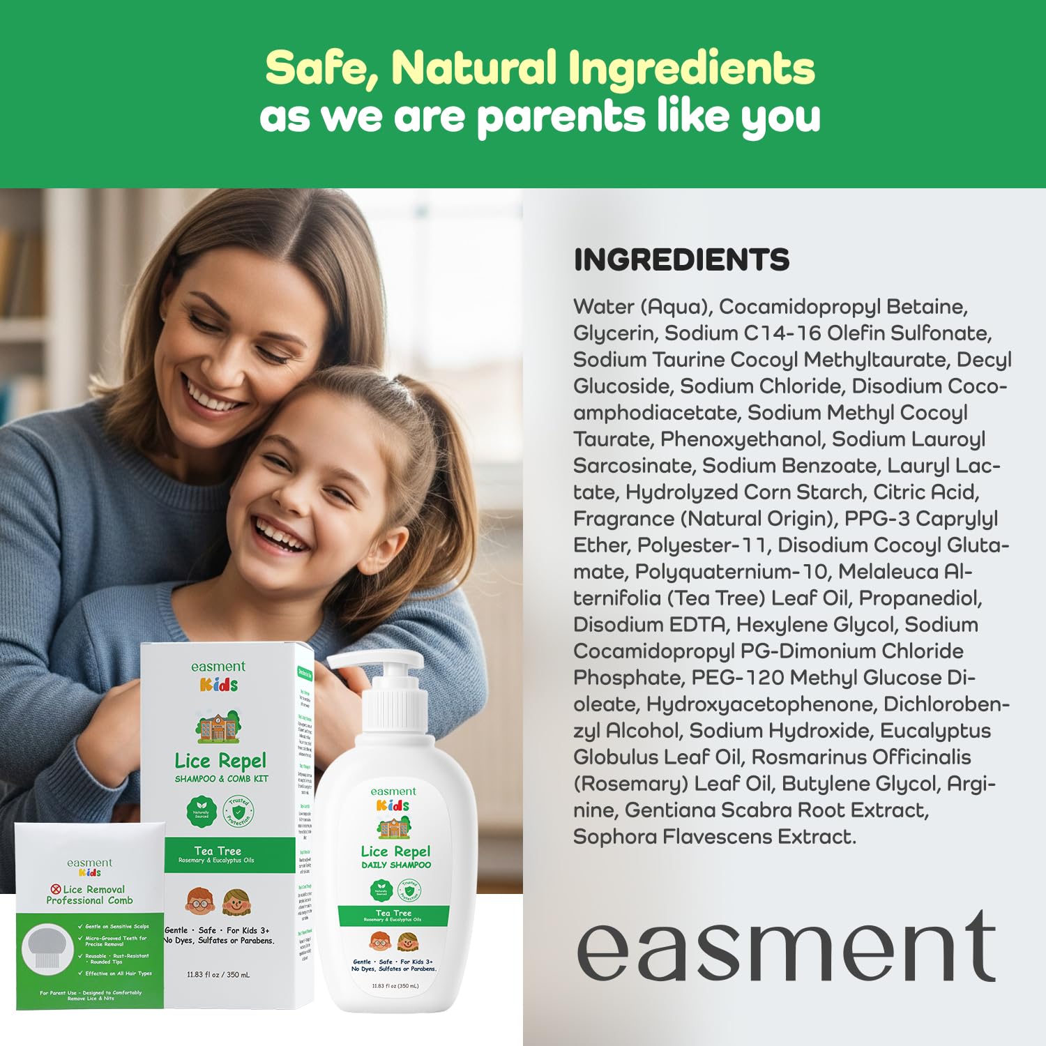 Easment Lice Shampoo & Comb Kit for Kids — Tea Tree & Rosemary Oils, Pump Bottle, 3+