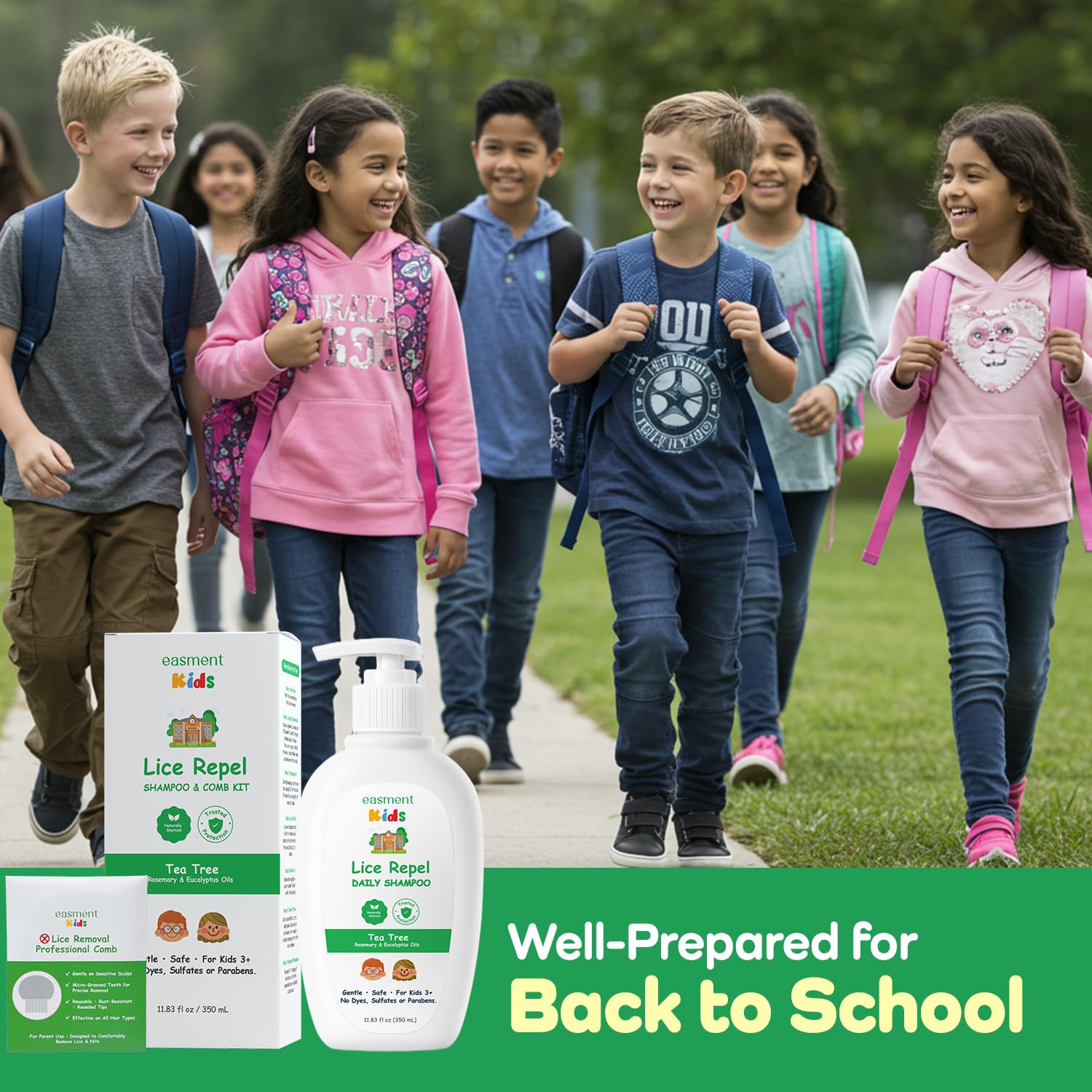 Easment Lice Shampoo & Comb Kit for Kids — Tea Tree & Rosemary Oils, Pump Bottle, 3+