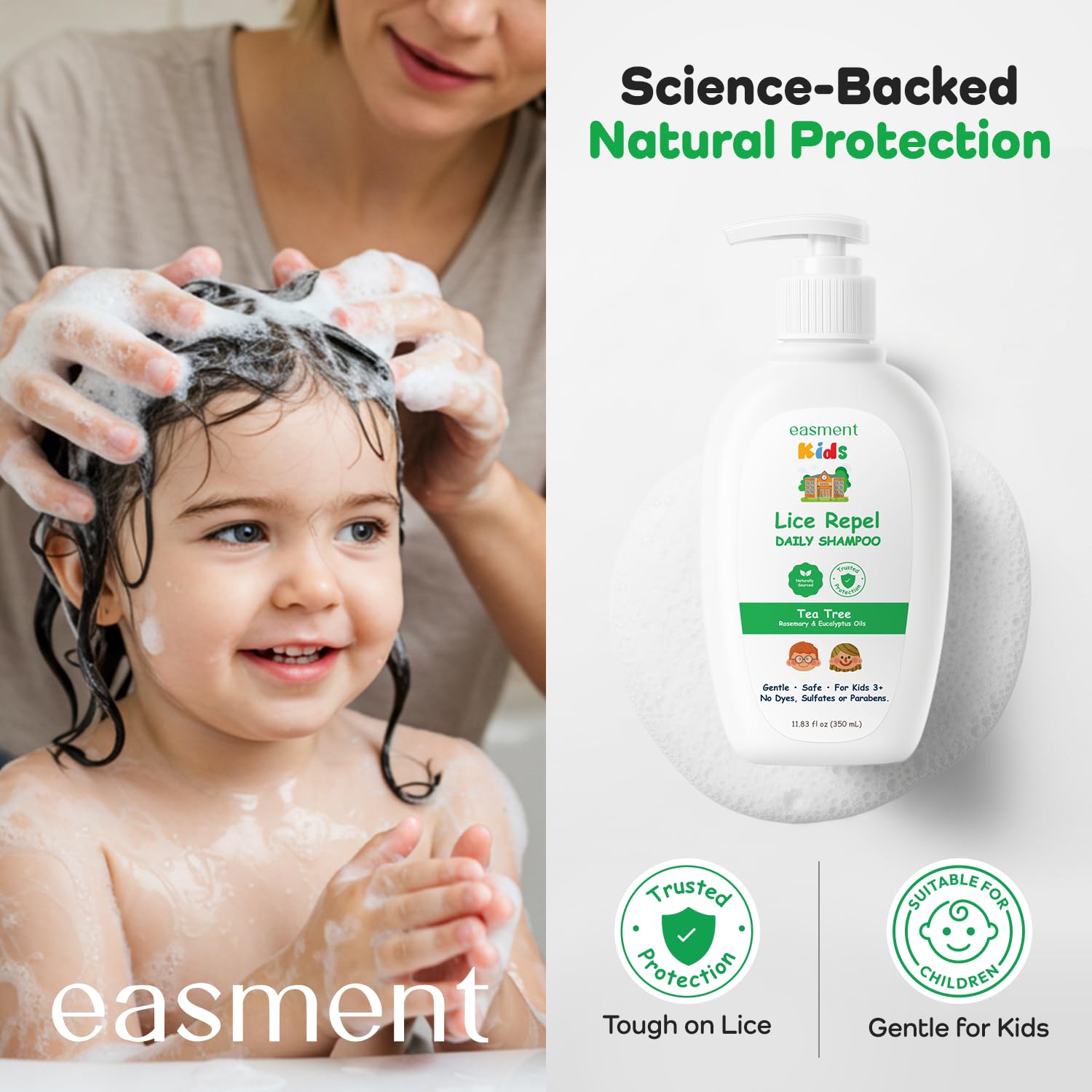 Easment Lice Shampoo & Comb Kit for Kids — Tea Tree & Rosemary Oils, Pump Bottle, 3+